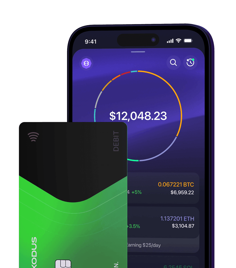 Exodus mobile app showing portfolio balance with Exodus Pay card